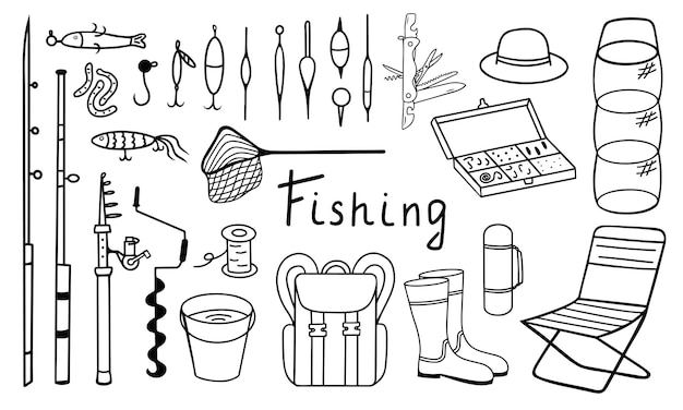 Fishing set Hand drawn illustration for printing