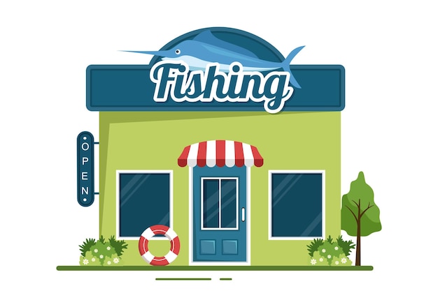 Рыболовный магазин по продаже различного рыболовного снаряжения или предметов на плоской иллюстрации
