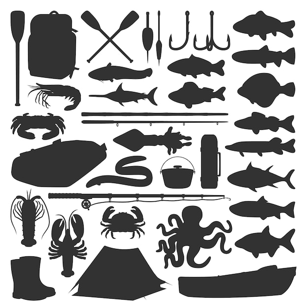 Vector fishing silhouette icons fish catch equipment