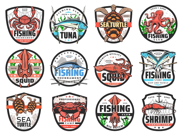 Fishing sport badges with fish seafood tackle