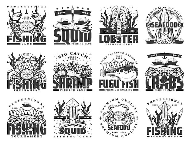 Vector fishing sport fish and seafood isolated icons