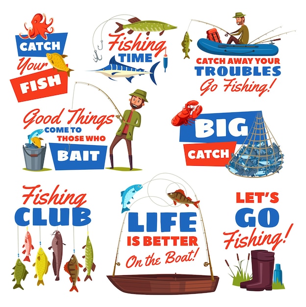 Vector fishing sport icon with fisherman and fish catch