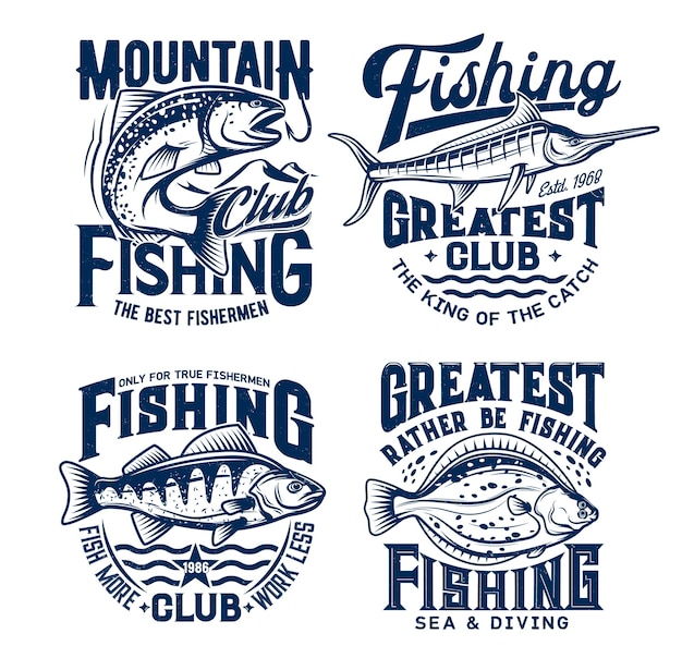 Set di pesca sportiva. salmone, pesce persico, passera di mare e marlin