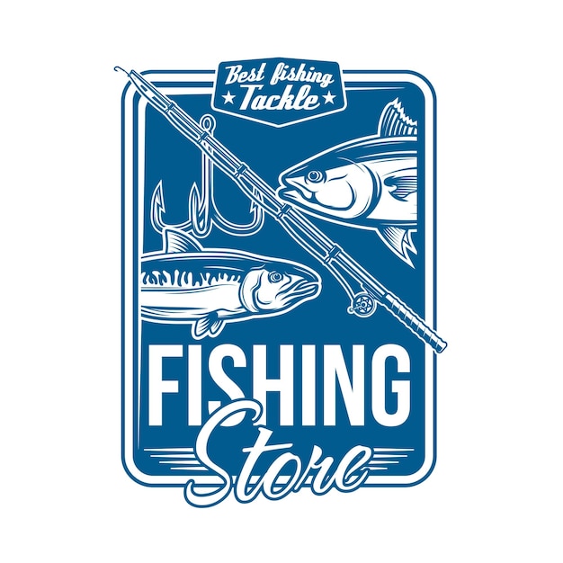 Fishing store icon with fish and fisherman tackle