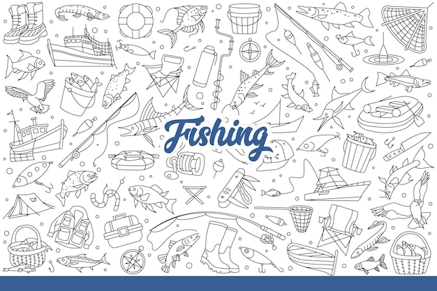 Fishing supplies and fish for fishermen interested in sportfishing hand drawn doodle
