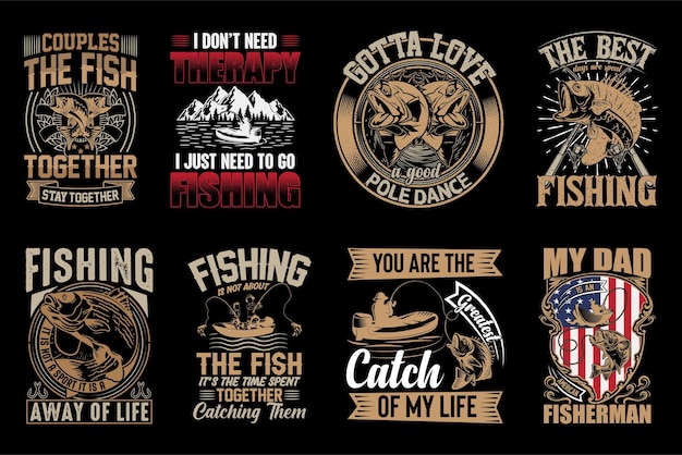 Fishing t-shirt design bundle, fish lover, vector illustration, trendy t-shirts