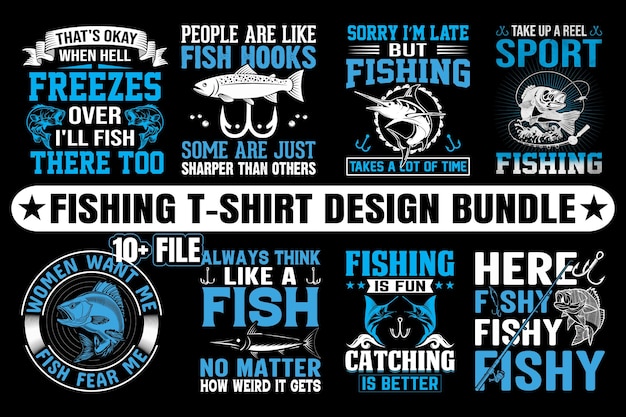 Pacchetto design t-shirt da pesca, pacchetto t-shirt, illustrazione piatta design bundle premium victor