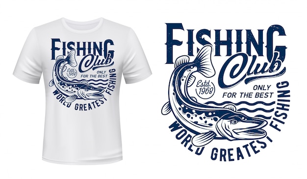 Fishing t-shirt print, pike fish on waves