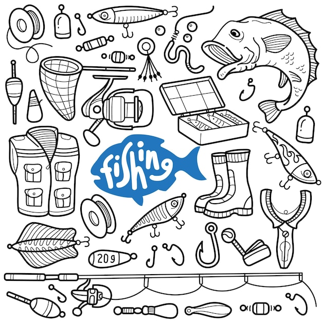 Vector fishing tools and equipments black and white doodle illustration