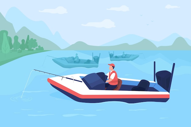 ボートの釣りトーナメントフラットカラーベクトルイラスト。賞金獲得を競う。湖の風景と背景にパワーボートを持つ若い、経験の浅い釣り人2D漫画のキャラクター