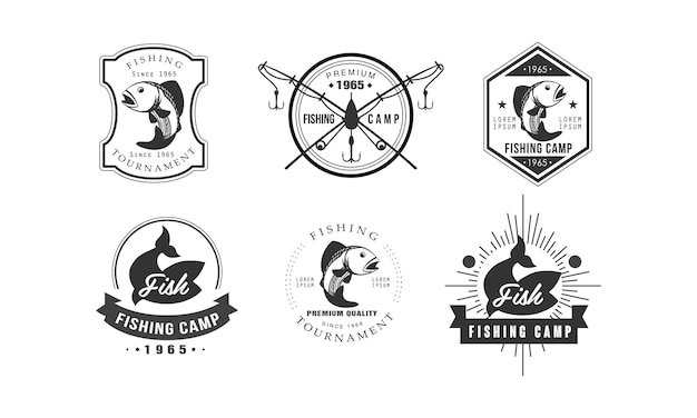 Fishing tournament logo design fishing camp badges wildlife travel adventure retro labels vector Illustration isolated on a white background