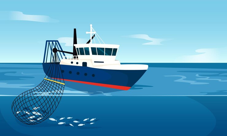 Vector 深い青い海の水域で網を使って魚を集める漁船のベクトルイラスト