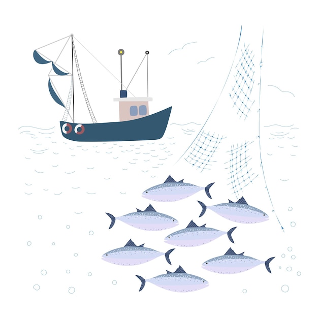 Vector fishing trawler at sea. net with tuna fish.