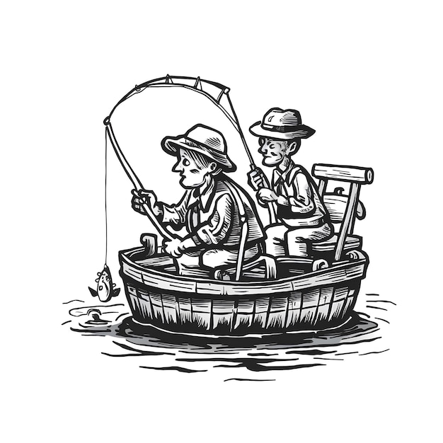 Vector fishing trip engraved style ink sketch drawing black and white vector illustration