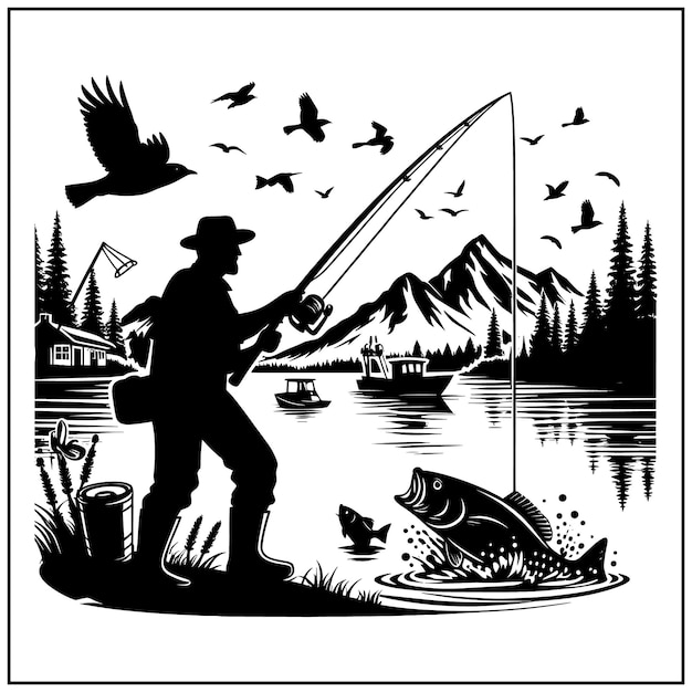 Fishing vector Bundle file Black and white Fishing silhouette file Fisher Man file 1