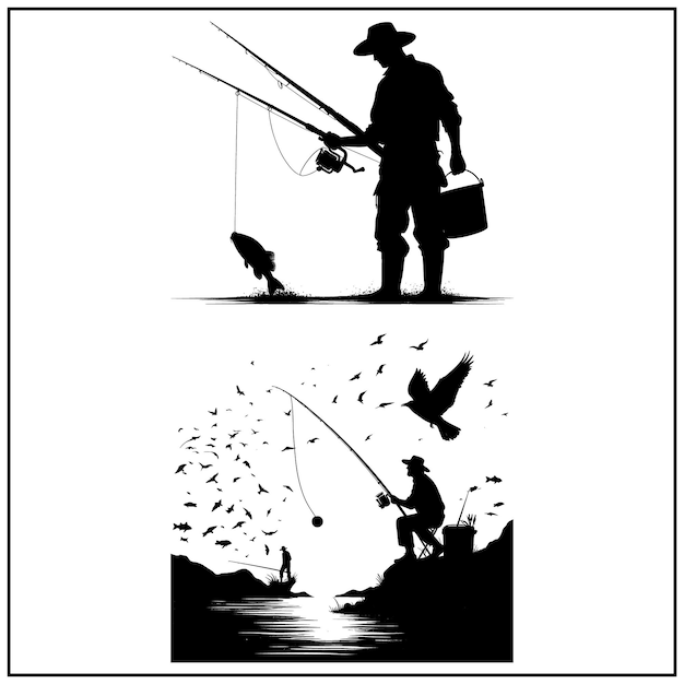 Vettore vettore di pesca file bundle bianco e nero file di silhouette di pesca file fisher man 45
