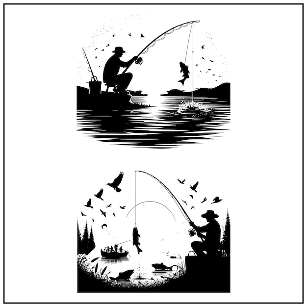 Fishing vector Bundle file Black and white Fishing silhouette file Fisher Man file 48