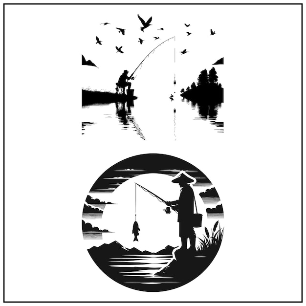 Vector fishing vector bundle file black and white fishing silhouette file fisher man file 49