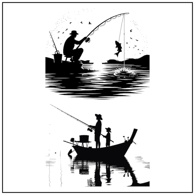 Fishing vector Bundle file Black and white Fishing silhouette file Fisher Man file 51