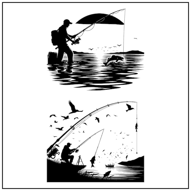 Fishing vector Bundle file Black and white Fishing silhouette file Fisher Man file27