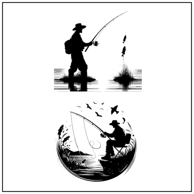 Рыболовный вектор Файл пакетов Черно-белый Файл силуэта рыбака Файл Fisher Man