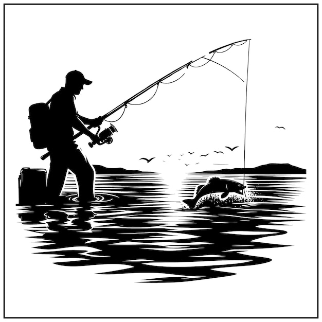 Файл вектора рыбалки черно-белый Файл силуэта рыбалки Файл Fisher Man5
