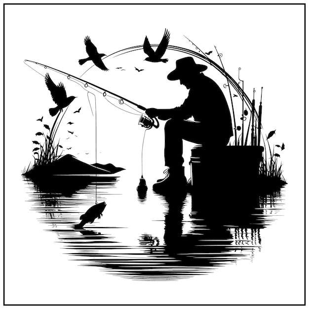 Fishing vector file Black and white Fishing silhouette file Fisher Man file6