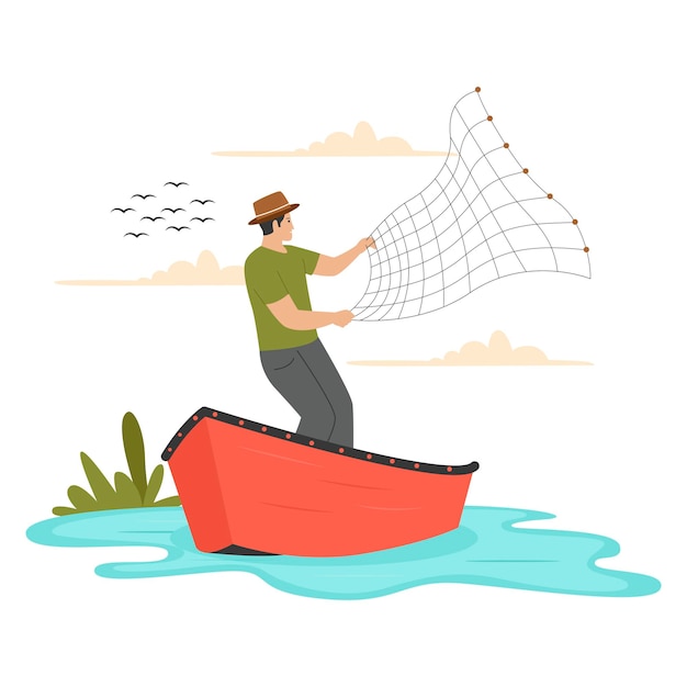 Vector fishing with net illustration concept