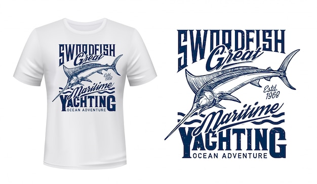 Vettore stampa t-shirt da pesca, yachting con marlin blu