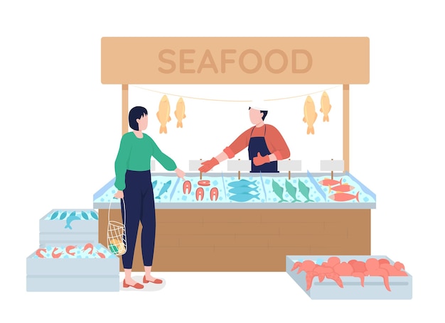 魚屋は新鮮なシーフードのセミフラットカラーベクトル文字を提案します。白の全身の人々。魚市場でのショッピングは、グラフィックデザインとアニメーションのためのモダンな漫画スタイルのイラストを分離しました