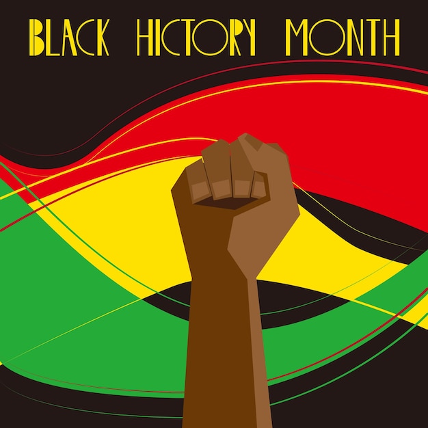 The fist on a black background with green, red and yellow waves. Black history month.