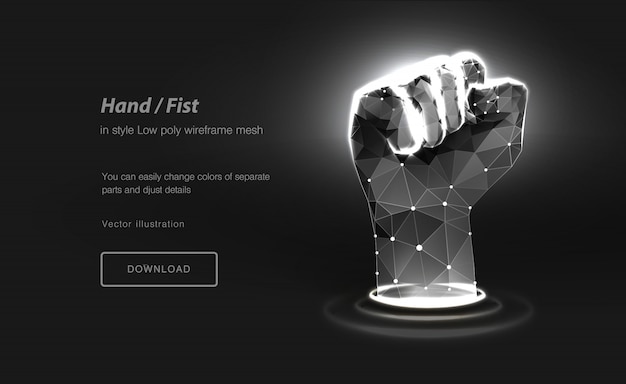 Fist low poly wireframe art. Hand gesture of power. Polygonal illustration with connected dots and polygon lines.