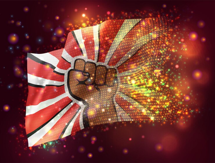 Vector fist of protest vector 3d flag on pink purple background with lighting and flares