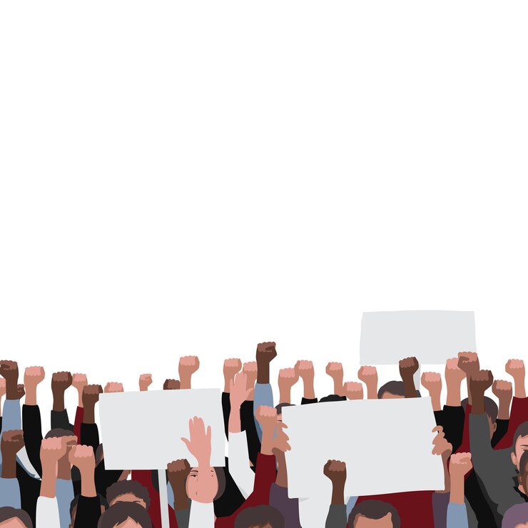 Vector fists raised pattern with banners public people protest illustration template with text place