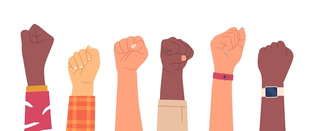 Vector fists row protest black and white hands against war racism and discrimination human rights activists fight for freedom characters revolution strike equality cartoon people vector illustration
