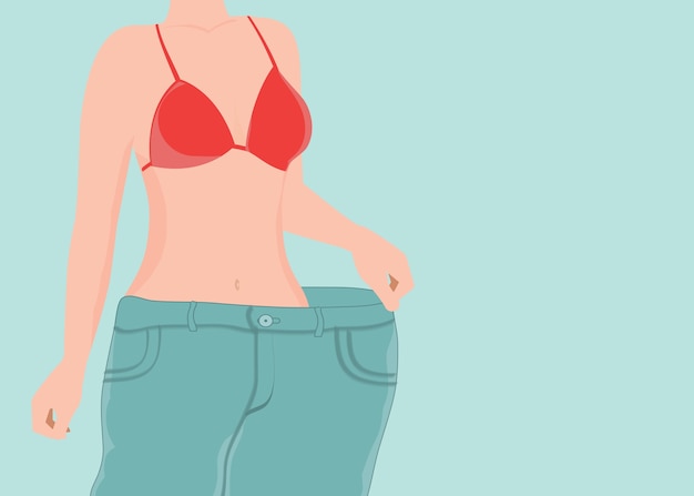 Vector fit jonge vrouw in losse jeans na het verliezen van gewicht