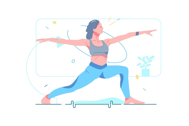 Fit woman doing yoga on mat vector illustration. Female character demonstrating yoga position flat style. Fitness exercise, sport and healthy lifestyle concept. Isolated on white background