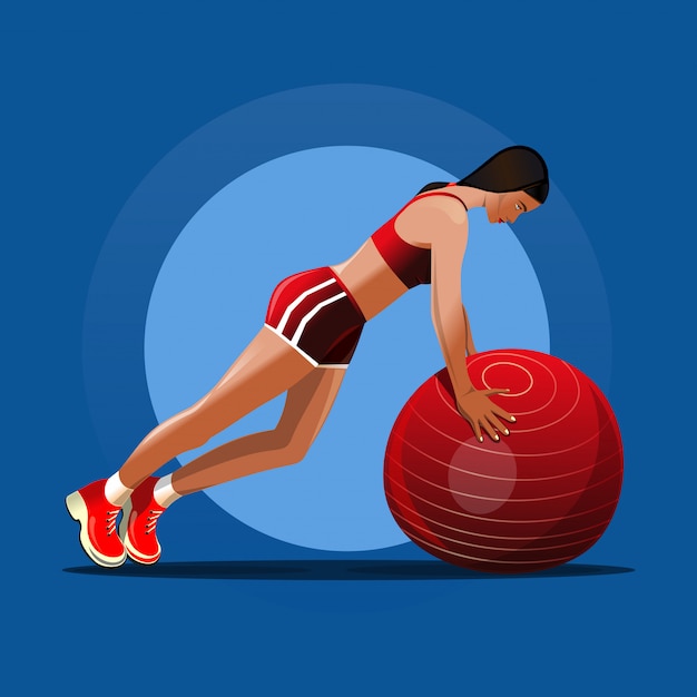 Fitball. Girl and red fitness ball. Girl doing exercise with ball. 