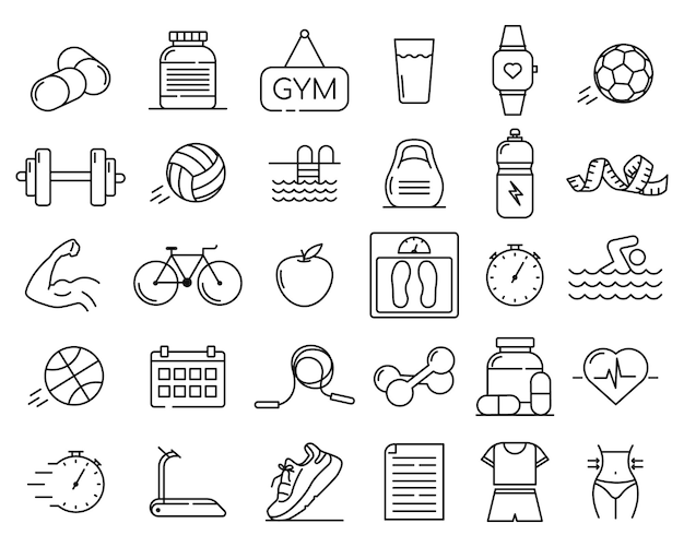 Fitness activities thin line icons containing healthy lifestyle weight training body care and