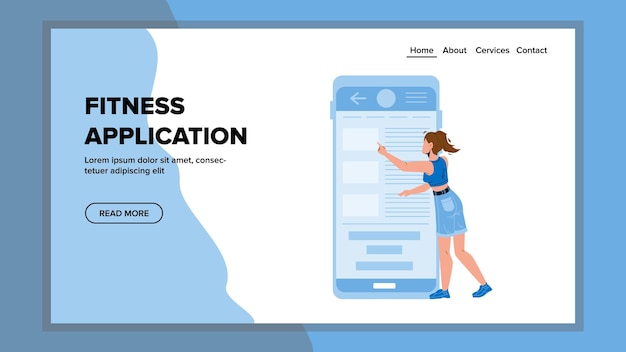 Вектор Применение фитнеса с помощью вектора молодой спортсменки. выбор программы тренировок для женщин и анализ состояния здоровья в приложении для фитнеса и спорта для мобильных телефонов. персонаж смартфона веб-плоский мультфильм иллюстрации