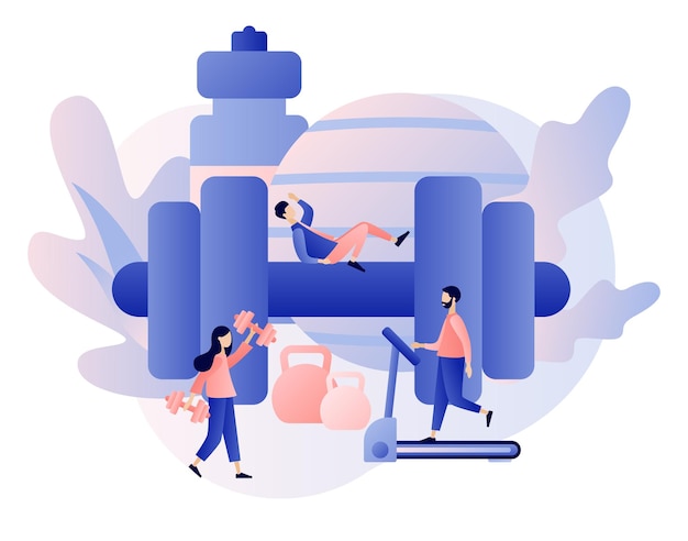 fitness blog and workout app concept tiny people are sport training active lifestyle and fitness