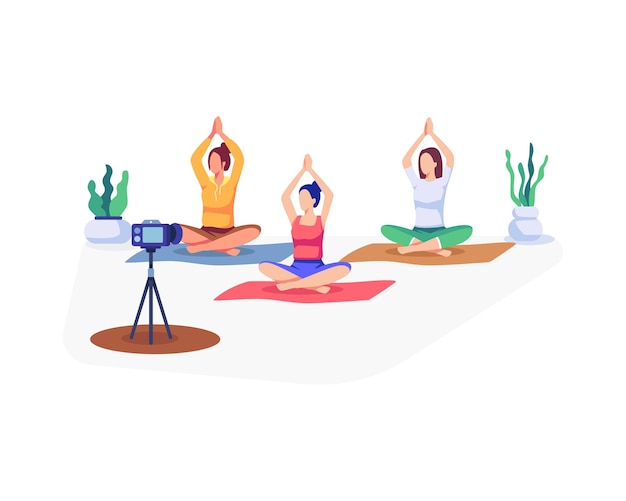 Vector fitness blogger concept illustration. fitness yoga content creator, recording online video classes. vector illustration in a flat style