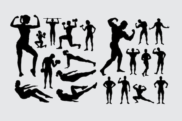 Fitness and body building male and female people sport silhouette