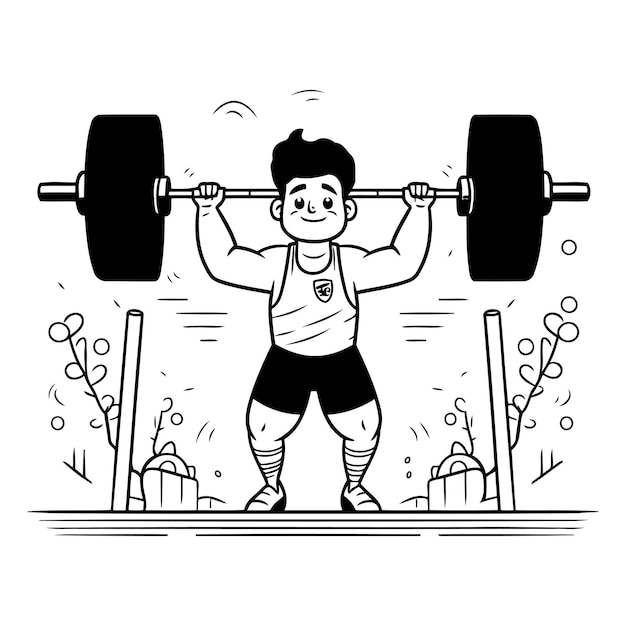 Vector fitness boy doing exercises with barbells vector illustration