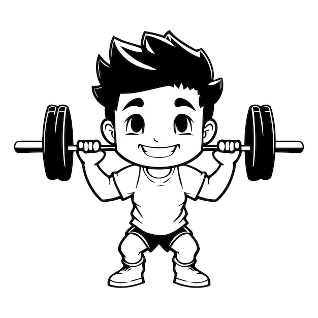 Fitness boy lifting barbell Vector illustration of a cartoon character