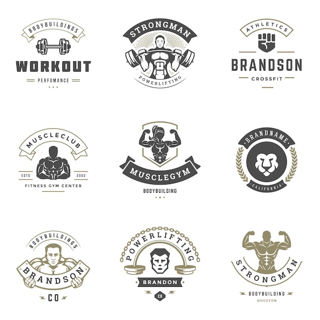 Vector fitness center and sport gym logos and badges design set illustration