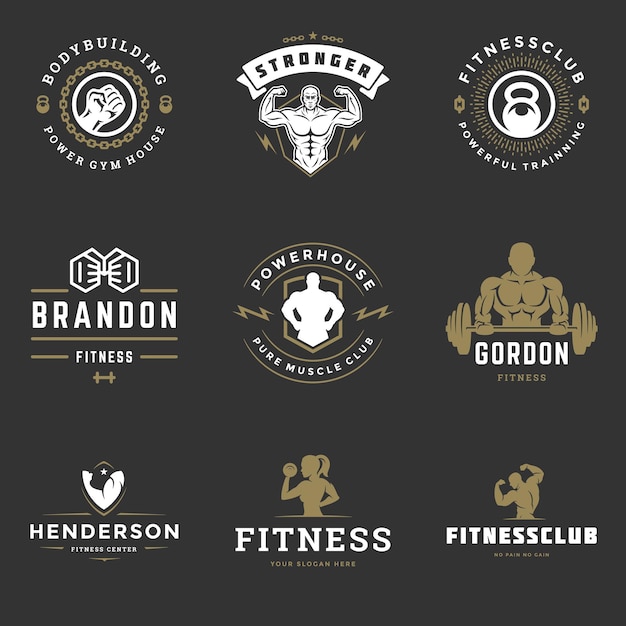 Vector fitness center and sport gym logos and badges design set vector illustration. retro typographic labels with sport equipment signs and silhouettes.