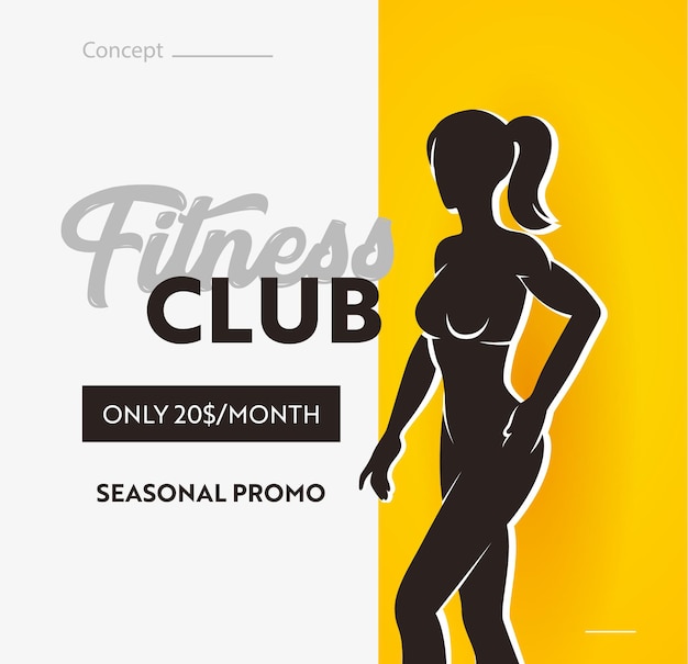 フィットネス クラブのバナー、ジムを訪れるための季節限定プロモーション。アスレチック スリム フィット女性の身体のシルエットの販売ポスター