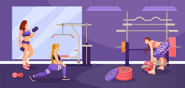 Fitness club concept with gym space Women traning body Wellness lifestyle Workout activity interior Young girl doing exercise with gym equipment Athletic woman with barbell Vector illustration