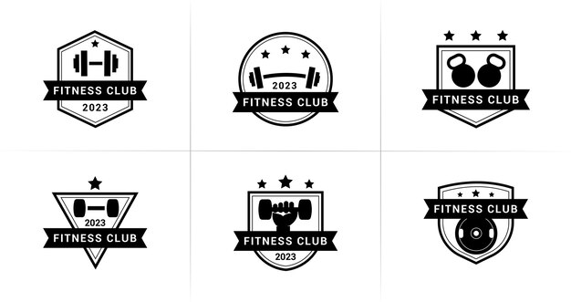 Fitness club emblem logo with gym equipment concept for bodybuilding